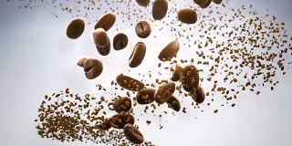 烘焙咖啡豆和速溶咖啡颗粒的3D CGI视频在白色背景上缓慢流动