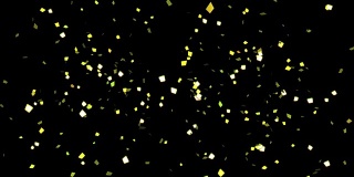 4K黄金或黄色的五彩纸屑派对爆竹爆炸和从上面和黑色背景。3d动画。运动图形和动画背景。