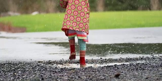 小女孩撑着伞在雨中嬉戏，慢镜头