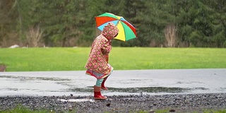 小女孩撑着伞在雨中嬉戏，慢镜头