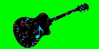 黑色吉他剪影和飞行的彩色音符在乐器的形状。绿屏动画