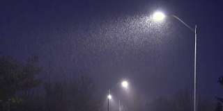 夜里，雪以灯柱为背景飘落下来。夜冬路灯与飘落的雪花