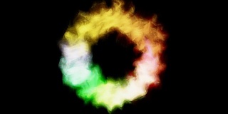 彩虹色的烟在黑的圆圈里流动。