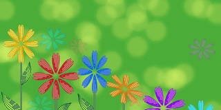 鲜艳的绿色背景与生长的鲜花和模糊的散景灯。美丽的背景为春天或夏天的广告