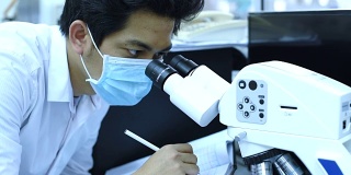 在实验室用显微镜做实验的科学家