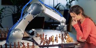 一个年轻的女孩用一个现代的自动国际象棋机器人移动棋子。4 k。