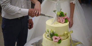 特写，新娘和新郎用大刀切婚礼蛋糕