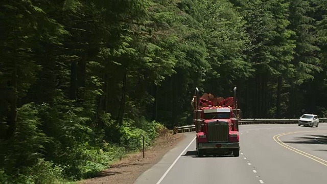 伐木卡车在俄勒冈州森林公路上行驶。