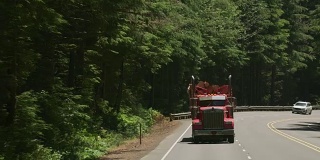 伐木卡车在俄勒冈州森林公路上行驶。