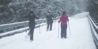 宽广的镜头三个年轻的女士一起远足在一个下雪的日子