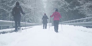 广角镜头的三个年轻的女士徒步在一个下雪天