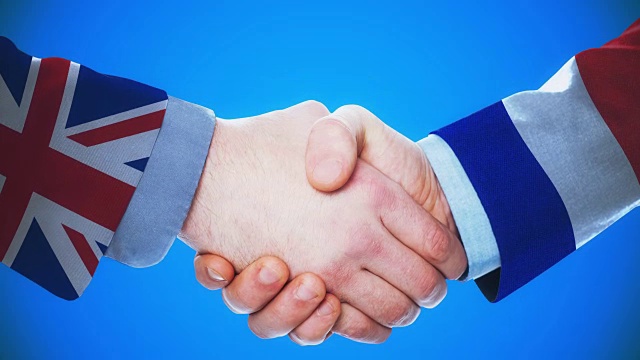 英国-法国/握手概念动画关于国家和政治/与matte频道