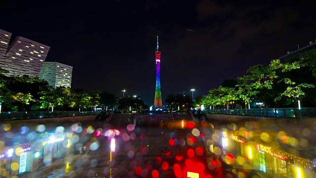 夜光下雨玻璃广州城广州塔模糊全景4k时间流逝中国