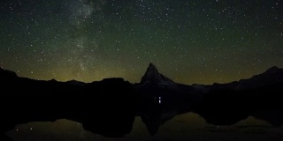 时光流逝，银河在瑞士标志性的马特洪山之上移动，反射在Stellisee湖的星星宇宙旅行欧洲瑞士阿尔卑斯山时光流逝的漫游