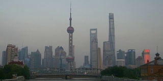 日落黄昏上海城市景观市中心大桥湾全景4k中国