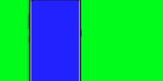 黑色智能手机打开蓝色背景。易于定制的绿色屏幕。计算机生成图像。4 k的视频。