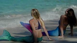 坐在加勒比海热带海滩上的美人鱼视频素材模板下载