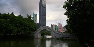 晴天深圳城市公园湖著名摩天大楼慢镜头全景4k中国