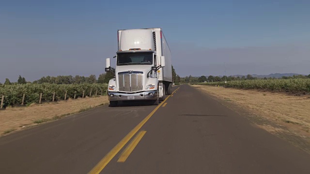 在乡村公路上行驶的半挂车。