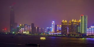 夜光照亮武汉滨江巨厦湾全景，4k时间流逝中国