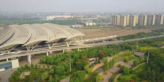 晴天武汉著名火车站铁路航拍全景4k中国