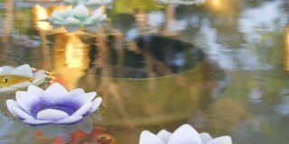 美丽的金色佛像在水中倒影，上面漂浮着各种各样的蜡烛，莲花的形式