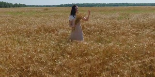 黑头发的女人带着一捆捆的麦穗走在金色的田野上