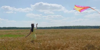 阳光明媚的日子里，快乐的女人牵着风筝在麦田里奔跑