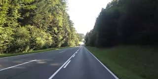 在奥地利，一个骑摩托车的人在一条风景优美的路上穿过森林。第一个人的观点