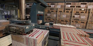 自动包装的产品在盒子上的输送机，特写，瓷砖包装，输送机，现代工厂，室内