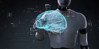 1 .机器人，半机械人触摸数字大脑，圆点连接的大脑形状，数字显示界面中的数字线，成长未来的人工智能