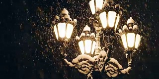 夜冬路灯和飘落的雪花。灯在晚上。街灯以飘落的雪为背景。