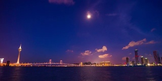 中国夜光珠海湾澳门城著名塔海岸线全景4k时间