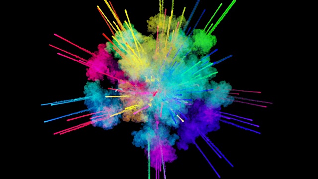 爆炸的火药孤立在黑色背景。3d动画的粒子作为彩色的背景或覆盖效果。迸发出彩虹般的色彩，粉饼呈现出明亮如胡里节。1