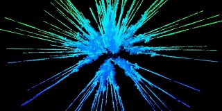 蓝色粉末在黑色背景上爆炸。3d动画的粒子作为彩色的背景或覆盖的效果。一阵阵五彩的颜料粉，为胡里节的绚烂呈现。1