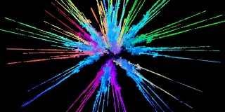 爆炸的火药孤立在黑色背景。3d动画的粒子作为彩色的背景或覆盖效果。迸发出彩虹般的色彩，粉饼呈现出明亮如胡里节。2