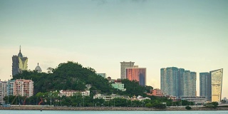 中国日落珠海湾澳门城市酒店海岸线全景4k时间