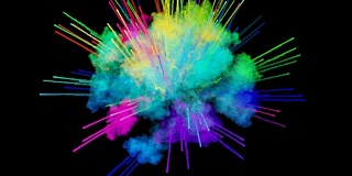 爆炸的火药孤立在黑色背景。3d动画的粒子作为彩色的背景或覆盖效果。迸发出彩虹般的色彩，粉饼呈现出明亮如胡里节。3.