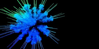 蓝色粉末在黑色背景上爆炸。3d动画的粒子作为彩色的背景或覆盖的效果。一阵阵五彩的颜料粉，为胡里节的绚烂呈现。5