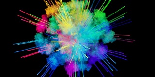 爆炸的火药孤立在黑色背景。3d动画的粒子作为彩色的背景或覆盖效果。迸发出彩虹般的色彩，粉饼呈现出明亮如胡里节。4