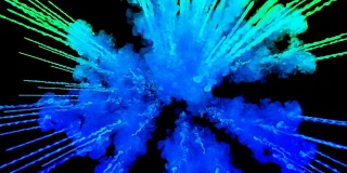 蓝色粉末在黑色背景上爆炸。3d动画的粒子作为彩色的背景或覆盖的效果。一阵阵五彩的颜料粉，为胡里节的绚烂呈现。6