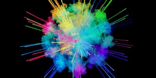 爆炸的火药孤立在黑色背景。3d动画的粒子作为彩色的背景或覆盖效果。迸发出彩虹般的色彩，粉饼呈现出明亮如胡里节。5