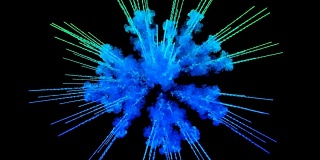 蓝色粉末在黑色背景上爆炸。3d动画的粒子作为彩色的背景或覆盖的效果。一阵阵五彩的颜料粉，为胡里节的绚烂呈现。10