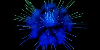 蓝色粉末在黑色背景上爆炸。3d动画的粒子作为彩色的背景或覆盖的效果。一阵阵五彩的颜料粉，为胡里节的绚烂呈现。15