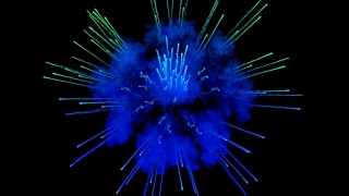 蓝色粉末在黑色背景上爆炸。3d动画的粒子作为彩色的背景或覆盖的效果。一阵阵五彩的颜料粉，为胡里节的绚烂呈现。15视频素材模板下载