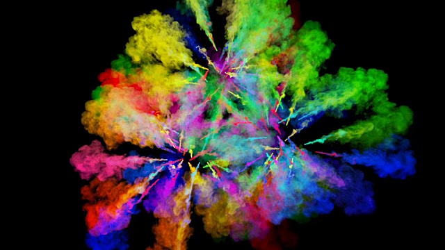 爆炸的火药孤立在黑色背景。3d动画的粒子作为彩色的背景或覆盖效果。迸发出彩虹般的色彩，粉饼呈现出明亮如胡里节。11