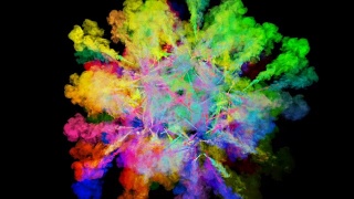 爆炸的火药孤立在黑色背景。3d动画的粒子作为彩色的背景或覆盖效果。迸发出彩虹般的色彩，粉饼呈现出明亮如胡里节。13视频素材模板下载