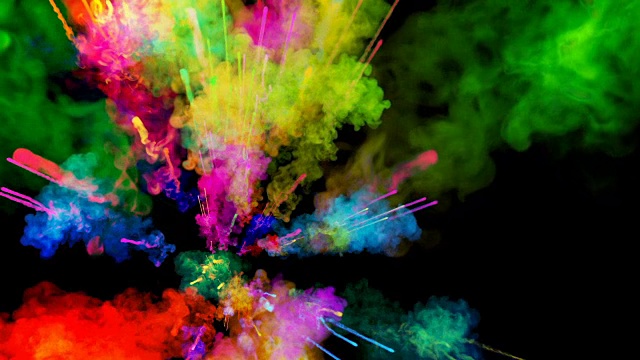 爆炸的火药孤立在黑色背景。3d动画的粒子作为彩色的背景或覆盖效果。迸发出彩虹般的色彩，粉饼呈现出明亮如胡里节。14
