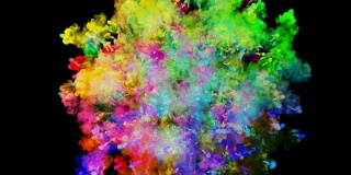 爆炸的火药孤立在黑色背景。3d动画的粒子作为彩色的背景或覆盖效果。迸发出彩虹般的色彩，粉饼呈现出明亮如胡里节。15