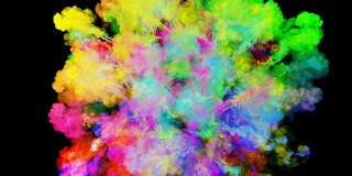 爆炸的火药孤立在黑色背景。3d动画的粒子作为彩色的背景或覆盖效果。迸发出彩虹般的色彩，粉饼呈现出明亮的胡里节